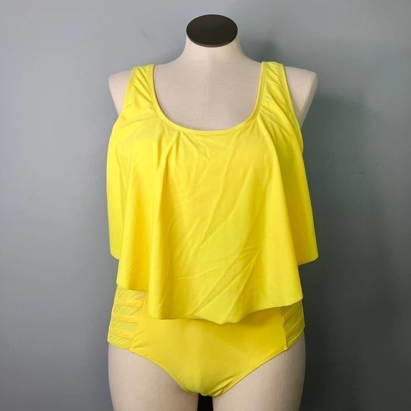Lemon Yellow Two Piece Bikini Flounce Top High Rise Ladder Side Bottoms Size XL - Picture 1 of 12